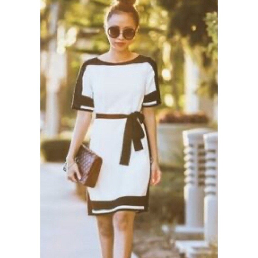 Ann Taylor belted shift dress in a black &white color block design size Small